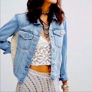 Free People Lace Inset Denim Jean Jacket Small